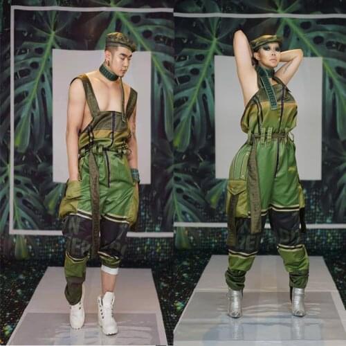 Men Women Couple Jumpsuit Army Green Overalls Uniform Sleeveless Loose Rompers Stage Singer Dancer Performance Costume Jumpsuit