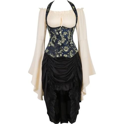 Corset Underbust with Pirate Skirt and Blouse Rockabilly Straps Sparkle Bustier Tank 3 Piece Carnival Party Costume Steampunk