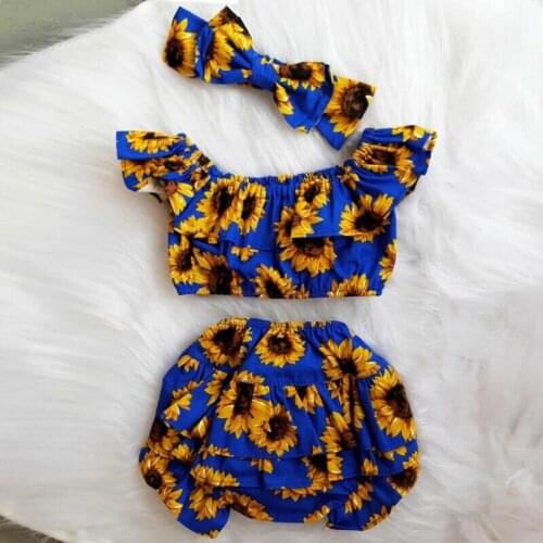 Summer 3Pcs Infant Baby Girl Kid Clothes Sunflower Sleeveless Tops Ruffles Shorts Headband Outfit Clothes Set