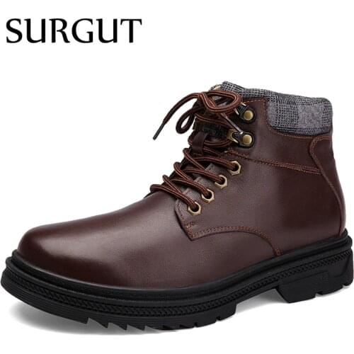 SURGUT New Mens Winter Snow Boots Cow Leather Handmade Men Casual Lace-up Boots Non-slip Warm Waterproof Ankle Boots For Men