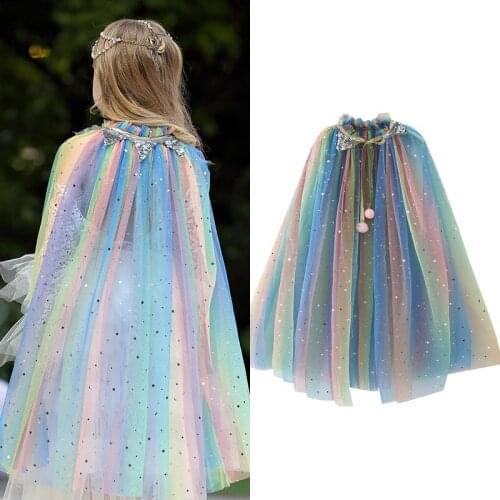 Girls Rainbow Sequins Cape Cloak Costume Drawstring Tulle Elsa Jasmine Sleeping Beauty Halloween Fancy Dress Up Mantle
