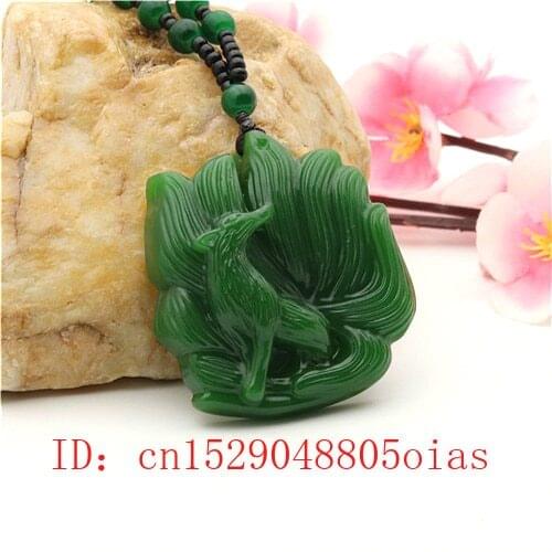 Natural Green Chinese Jade Nine-tailed Fox Pendant Necklace Fashion Charm Jadeite Jewelry Carved Amulet Gifts for Women Men