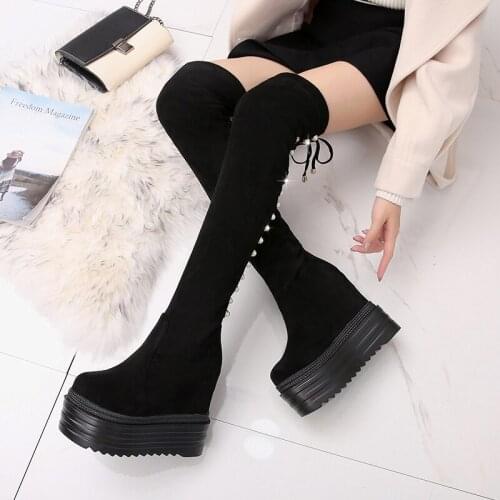 2019 Winter New Within Increase Over-the-Knee Boots 14cm Super High Heel Long Boots Womens Suede Stretch Boots Wedges High Boots