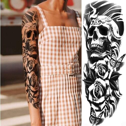 Evil Skeleton Temporary Rose Tattoos For Men Women Body Art Full Arm Sleeve Butterfly Tatoo Waterproof Fake Tattoo Stickers DIY
