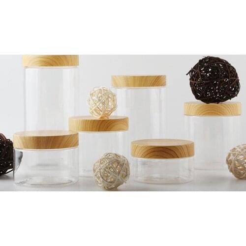 12 x 200ml 300ml 400ml 500ml 800ml 1000ml Empty Clear PET Jars Containers with plastic imitation wood lids