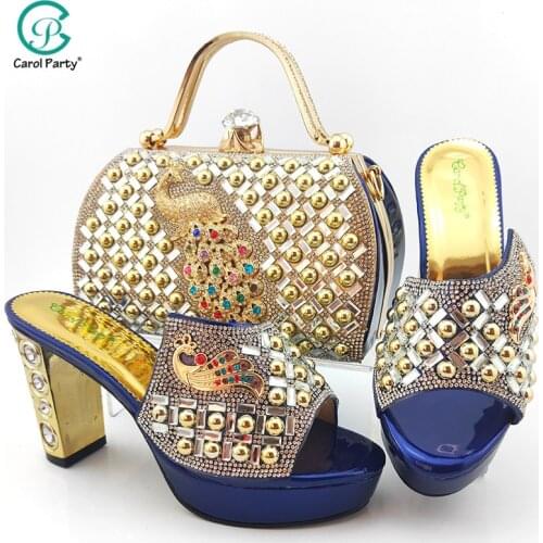 African Newest Italian Design Special Phoenix Shape Metal Decoration Platform Party Ladies Shoes and Bag Set in Royal Blue Color