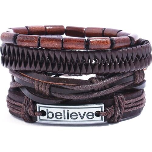 Vintage Alloy Believe Charm Bracelet Punk Beads Brown Braided Leather Wristbands Handmade Multilayer Bangle Wrap Fashion Jewelry