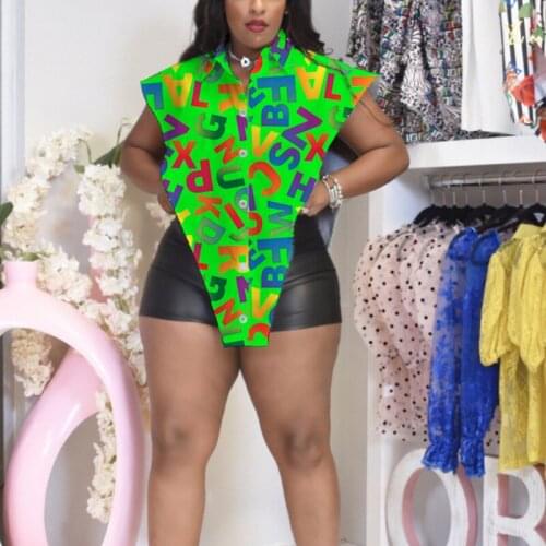 Women Shirt Tops Letter Printed Short Sleeve Turn-down Collar Button Down Casual Chic Streetwear Summer 2021