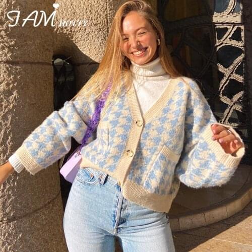 Blue Houndstooth Knitted Cardigan For Women 2020 y2k Button-up Autumn Winter Sweaters Jumper Pull Femme Korean Fashion Iamhotty