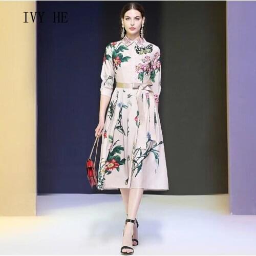 IVY HE High Quality Summer Dress Woman Clothing Elegant Floral Print Holiday Midi Long White Dress Traf Robe ZA Party Dresses