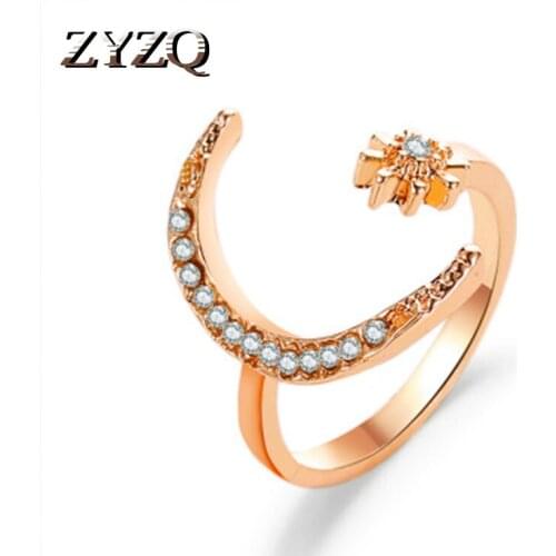 ZYZQ Romantic Open Rings With Micro Paved Trendy Star&Moon Shaped Adjustable Wedding Rings Rose Gold Color Silver Plated Rings
