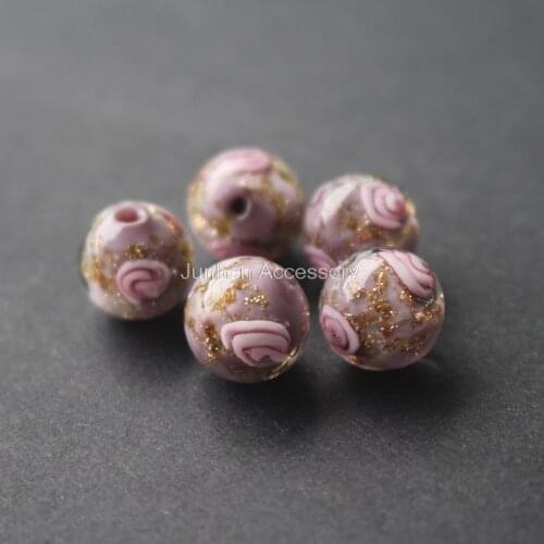 10Pcs/Lot 10mm 12mm Handmade Lampwork Flower Beads Light Purple Color With Gold powder Japanese Style for jewelry