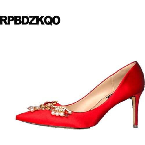 3 inch pointed toe rhinestone ladies wedding 2019 scarpin low heels crystal bridal shoes satin pumps diamond pearl red high