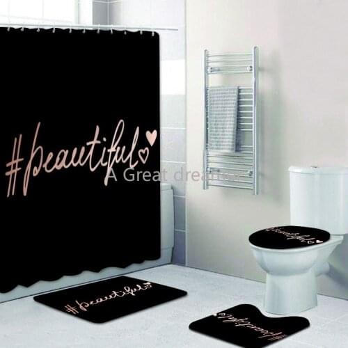 3D Trendy Black Rose Gold Beautiful Shower Curtain Set Gorgeous Beautiful Black Bath Curtains Mats Rug Home Decor For Bathroom