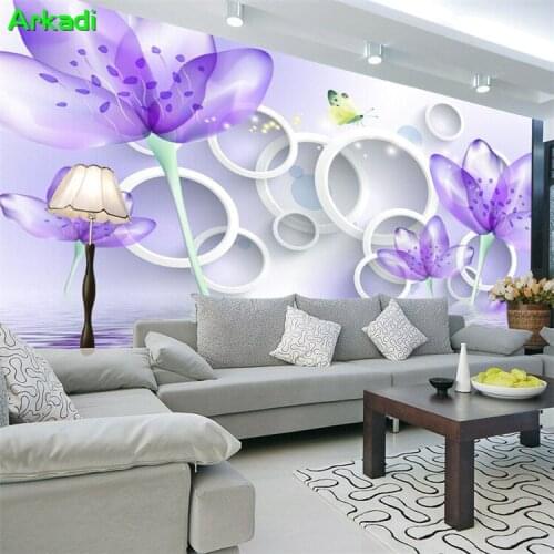 3D transparent purple flowers butterfly fashion simple mural bedroom living room TV background wallpaper