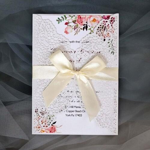 50 Piece/Lot) White Lace Invitation Cards For Wedding Birthday Anniversary Party Affordable Invites With Ribbon