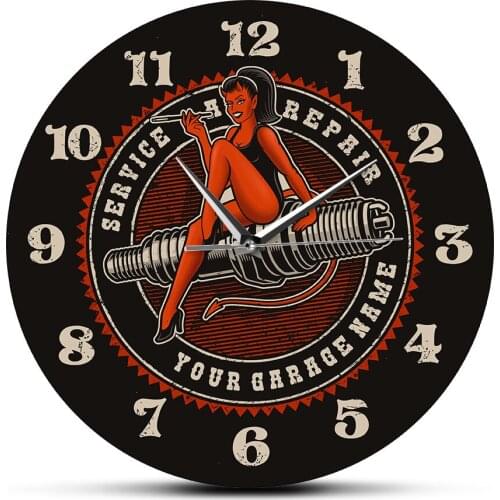 Creative Devil Girl on Spark Plug Engine Printed Wall Clock Circular Garage Mechanic Auto Car Repair Service Slient Watch