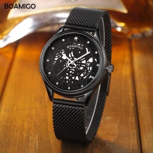 BOAMIGO Brand Men Watch Quartz Fashion Skeleton Male Black Sports Mesh Steel Belt Automatic Date Watch Clock Relogio Masculino