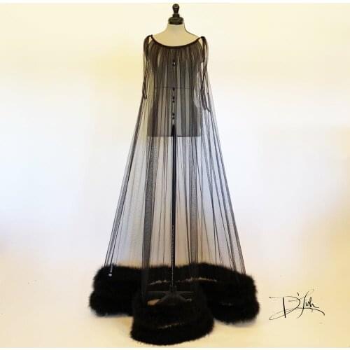 Black Sheer Dressing Gowns Bathrobes Nightwear Two Layers Fur Sleeveless Wedding Sleepwear Nightgowns Robes Bridal Boudoir Dress