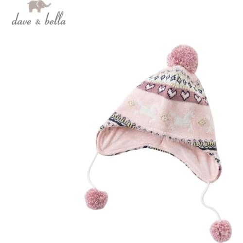 DB15685-1 dave bella winter new born baby girls cute cartoon print ball hat scarf