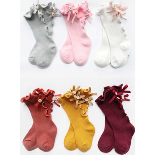 Kids baby socks knee high infant girl bowknot black fungus baby socks cotton knee socks leg warm children girls new lace bowknot