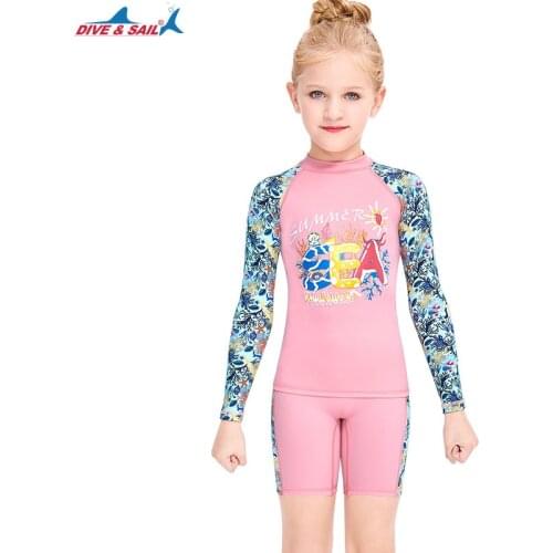 Girls Two Piece Sun UV Protection Water Sports Rash Guard SwimSuits Kids One Set UPF50+ Long Sleeve Snorkel Bathing Beach Suit