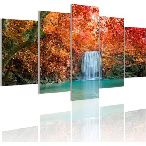 Red Leaves Waterfall Nature Landscape 5 Panels Canvas Painting Poster Wall Art Print Picture Living Room Home Decoration Frame