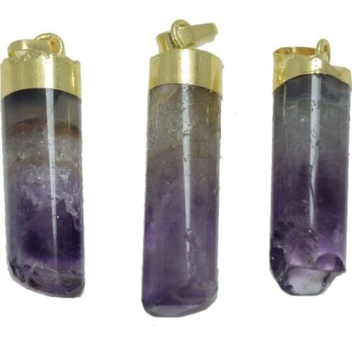 Long Stone Coulomb pendant natural Purple quartz crystal reiki boho Indian jewelry pendulum craft column raw geode druzy charms