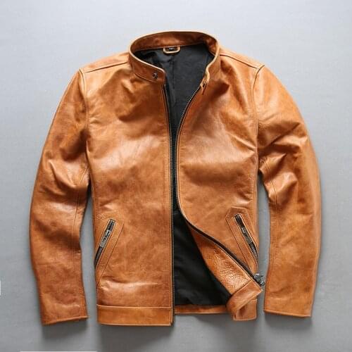 Avirex Fly 2018 real leather jacket men yellow cowskin genuine leather jacket for zipper pockets slim fit mens leather coats