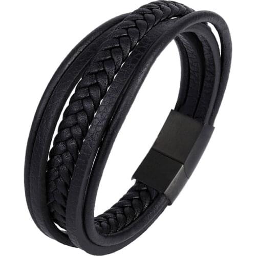 Fashion Multi-layers Genuine Leather Braided Bracelet & Bangles For Male Stainless Steel Magnetic Clasp Birthday Gifts Handmade