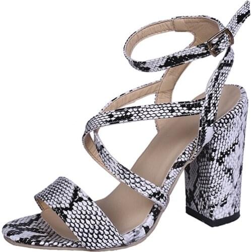 Original Large Size High Heeled Women Sandals Strappy Snake Grain Ladies Shoes Sexy Fashion Chunky Heeled Shoes Height 10.5CM