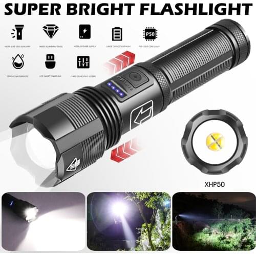 USB Rechargeable High Powerful Flashlight Super Bright led Flash Light with 5 Modes Power Indicator for Outdoor Hiking Camping