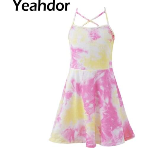 Kids Girls Casual Dresses Tie Dye Print Straps A-line Knee Length Sport Dress for Dance Tennis Gymnastics Workout Daily Wear