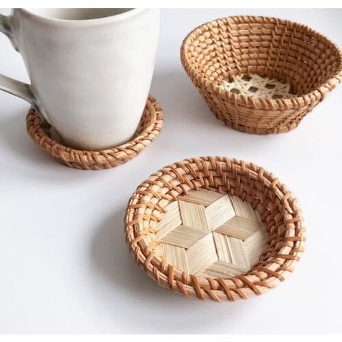 Natural Rattan Cup Holder Round Bamboo Drink Food Cake Support Mat Coasters Handmade Heat Insulation Placemat Home Table Decor