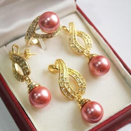 Hot sell new - Fashion New 18kgp + 12mm 3 Colors Shell Pearl Earring Ring Pendant Jewelry Set AAA style Fine Noble real Natura