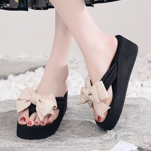 Bow Slippers Womens Outer Wear Wedges With Thick-Soled Summer Fashion Sweet And Cute Student Flip Flops Non-Slip Beach Sandals