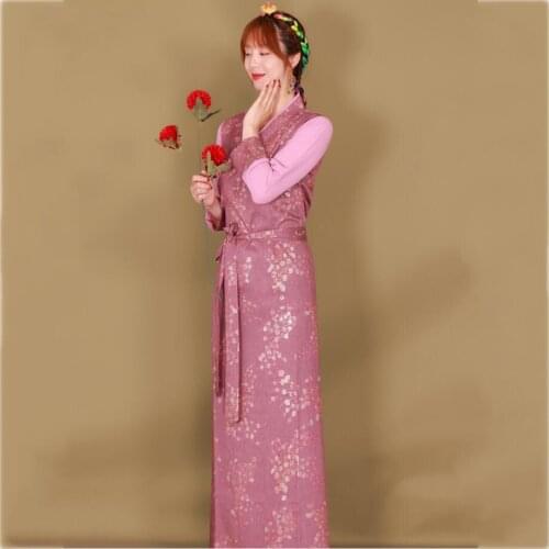 Tibetan cheongsam Dress women Vintage Robe Traditional Ethnic Tibet Costume elegant summer clothing silk oriental gown
