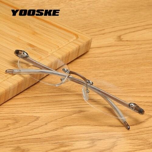 YOOSKE Ultralight Reading Glasses Men Frameless Memory Frame Reading Eyeglasses Women Transparent Grey Glasses with Resin Lenses