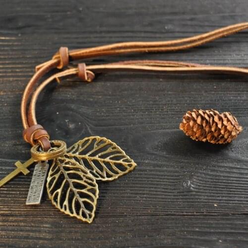 NIUYITID Vintage Hollow Leave Pendant & Necklace Mens Genuine Leather Rope Charm Male Jewelry Friendship Gifts For Women