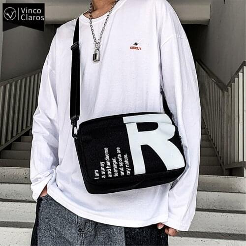 Mens Waterproof Canvas Shoulder Bag Hip Hop Streetwear Black Crossbody Bags for Men Trend Preppy Look Sling Messager Bag Unisex