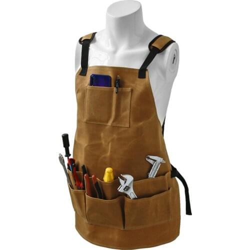 Waxed Canvas Utility work Apron with 9 Pockets garden waterproof Tool Apron Cross-Back Straps Adjustable Size, Fits Men & Women