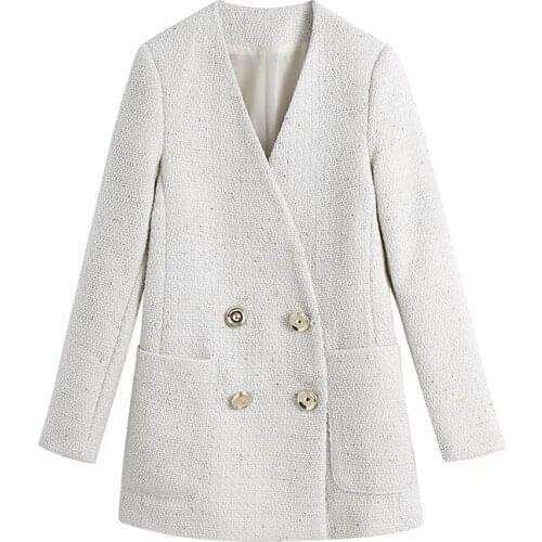 Women Fad Fashion Double Breasted Loose Tweed Jacket Coat Vintage Long Sleeve Pockets Female Outerwear Chic Tops