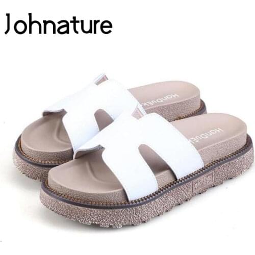 Johnature 2020 New Summer Slippers Solid Color Outside Flat With Sandals Sewing Platform Slides Rome Style Mid Heels Women Shoes