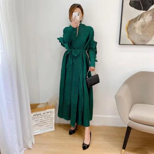 Miyake Pleated Petal Sleeve Lapel Cardigan Sashes Plus Size High Long Green Dress 2021 SUMMER Women Aesthetic Clothes
