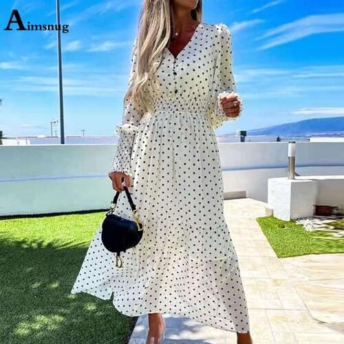 Women Long Maxi Dress Bohemain 2021 Patchwork Button Dot Straight Party Dresses Lantern Sleeve Pleated Dress Sexy Femme Clothing