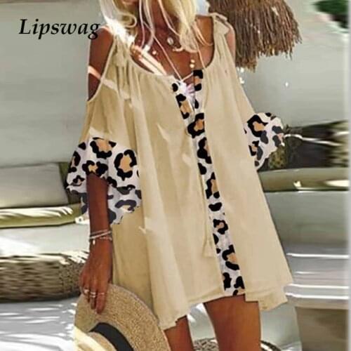 Women Sexy Hollow Out Short Sleeve Dress 2021 Summer Elegant Casual Leopard Patchwork A-Line Dress Ladies Casual Loose Dress 5XL