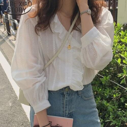 2021 New Autumn Cotton Puff Sleeve Plus Size Women Shirts Casual Loose Cardigan Women Blouse Long Sleeve V Neck White Tops 8561