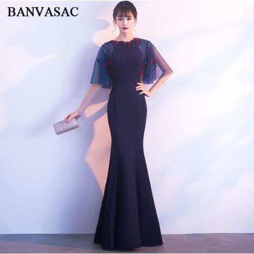 BANVASAC 2018 O Neck Lace Flowers Appliques Mermaid Long Evening Dresses Party Illusion Half Sleeve Prom Gowns