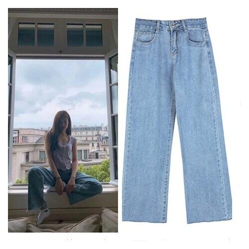 Kpop Korean Celebrity same streetwear high waist Blue straight jeans female student fashion new wild casual jeans women clothes