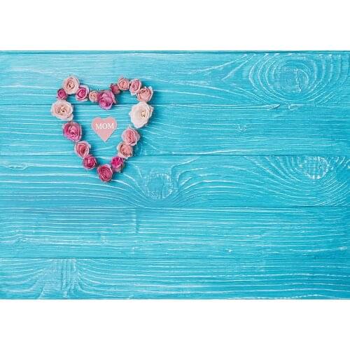 Photo Backdrop Pink Flowers Cyan Wooden Board Vinyl Cloth Photocall Background for Mothers Day Photobooth Photography Props